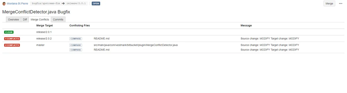 AutoMerge Conflict Detector — screenshot from the Atlassian Marketplace listing