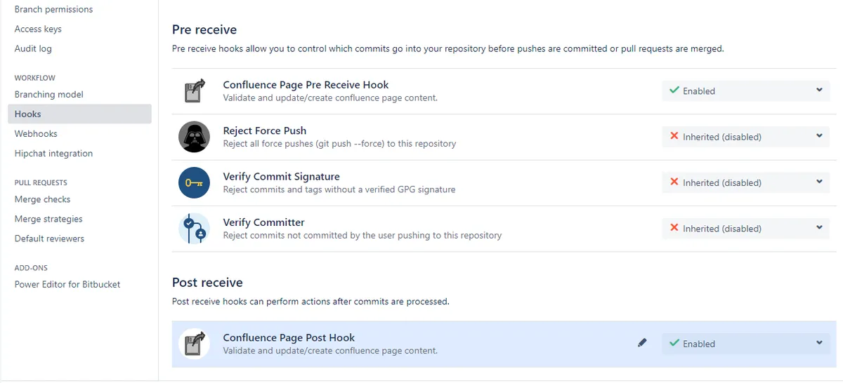 Confluence Page Hooks For Bitbucket — screenshot from the Atlassian Marketplace listing
