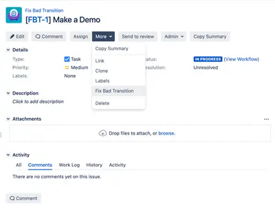 Fix Bad Transition for JIRA issue — Atlassian plugin