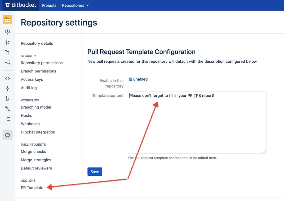 Pull Reqest Template for Bitbucket — screenshot from the Atlassian Marketplace listing