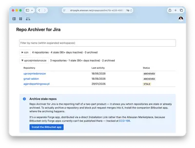 Repo Archiver for Jira (works with Bitbucket) — Atlassian plugin