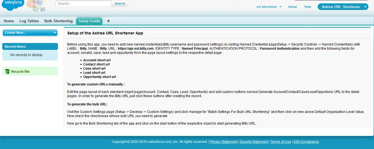 Astrea URL Shortener — screenshot from the Salesforce AppExchange listing