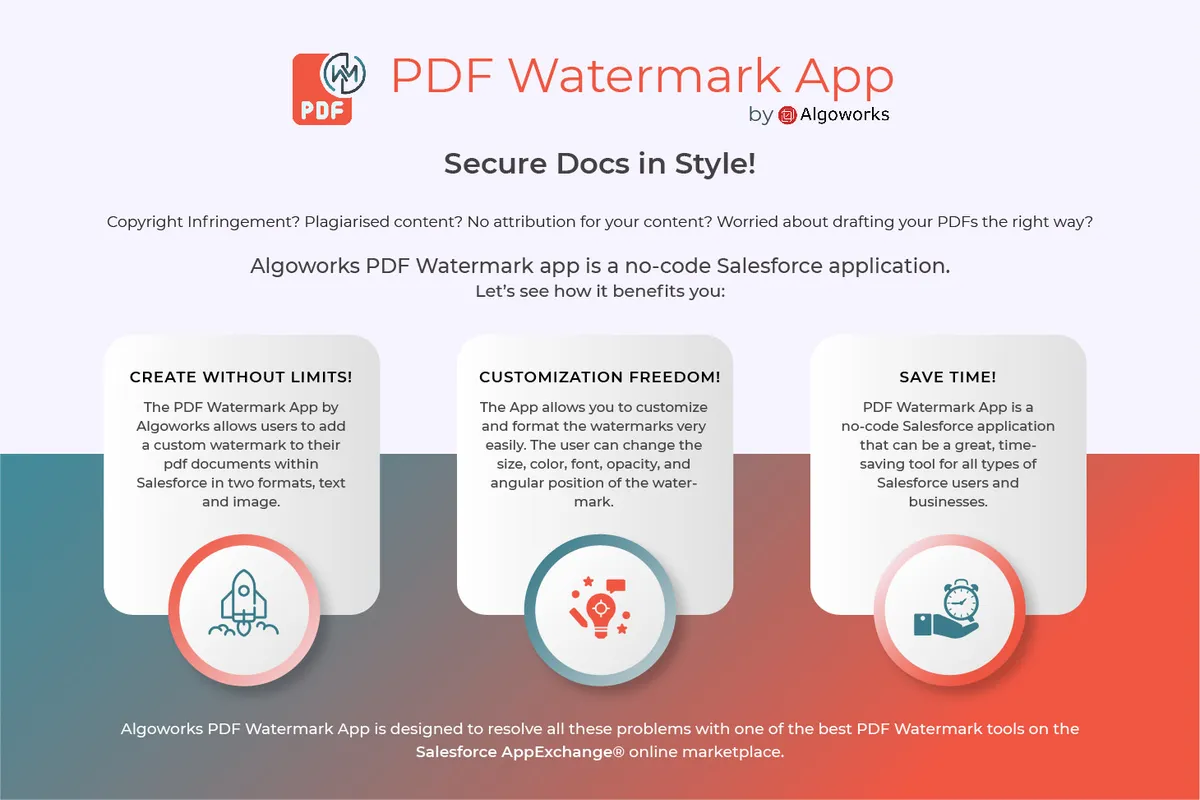 PDF Watermark App by Algoworks — screenshot from the Salesforce AppExchange listing